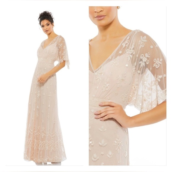 Mac Duggal 9144 NWT V Neck Flounce Sleeve Embellished Mesh Gown in Blush - Picture 1 of 13
